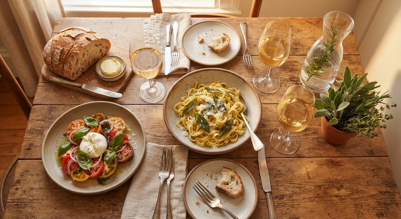 An overhead view of a shared table: pasta, a tomato and burrata salad, torn bread, and glasses of white wine in afternoon light.